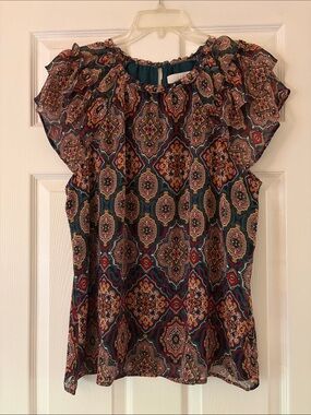 LOFT Teal and Red Paisley Flutter Sleeve Blouse